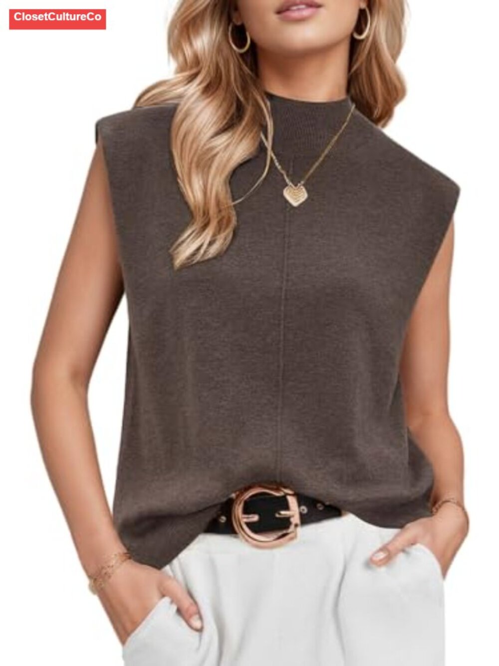Wool Blend Mock Neck Sweater Vest Sleeveless Work Top